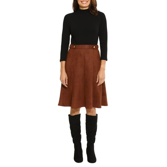 London Times high neck 3/4 sleeve ribbed top gold button detail faux suede skirt by Curated Brands