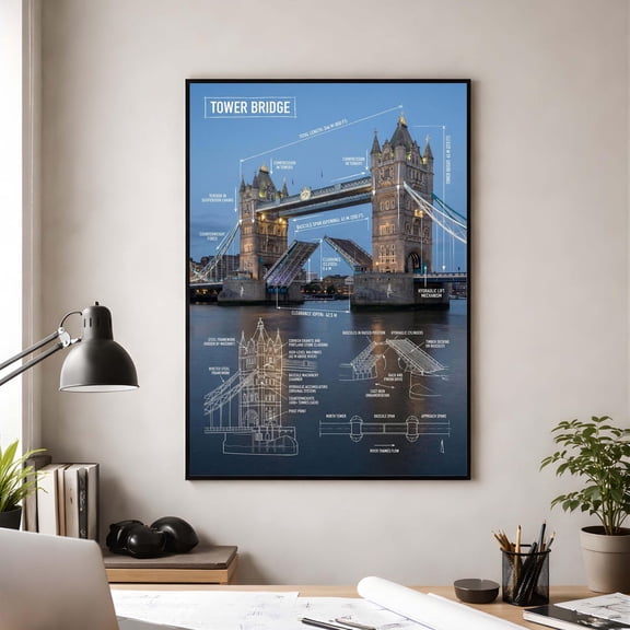 London Tower Bridge BlueArt Architecture Engineering Schematic, Technical Infographic Wall Art Print