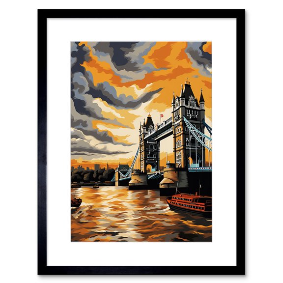 London Tower Bridge Dramatic Sunset Sky Artwork Orange Grey River Thames Riverboat England Clouds Artwork Framed Wall Art Print 9X7 Inch