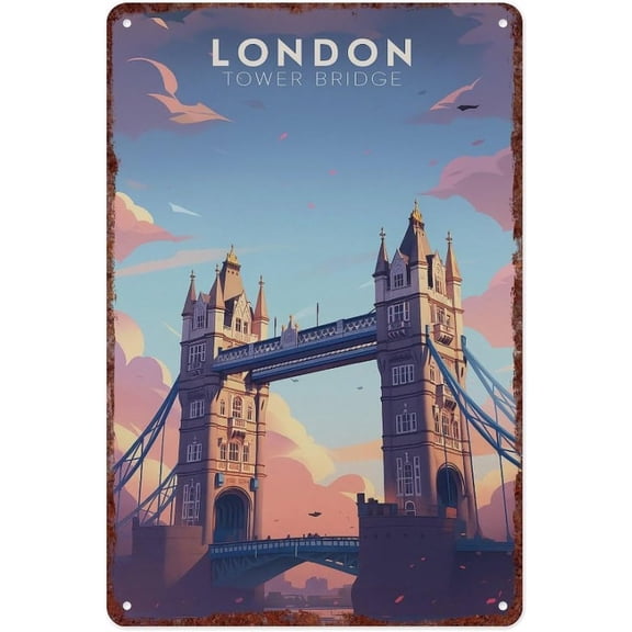 London Tower Bridge Retro Metal Wall Sign 12x8 Inch Cafes Bars Restaurants Decor