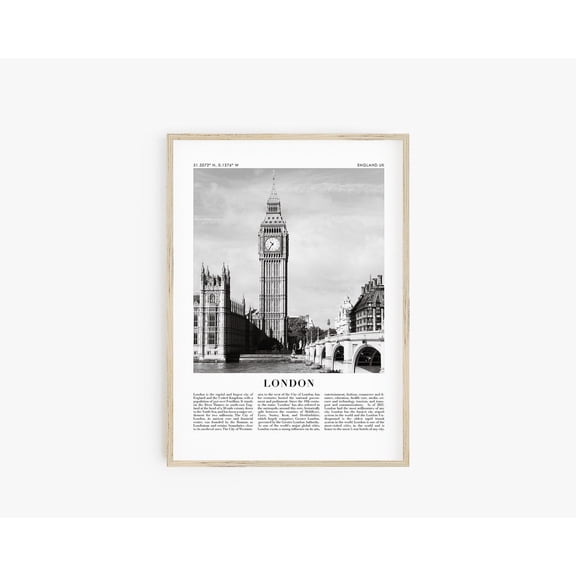 London Travel Poster Black White England City Map Porch Accessory, Unframed Paper Poster 8x10in
