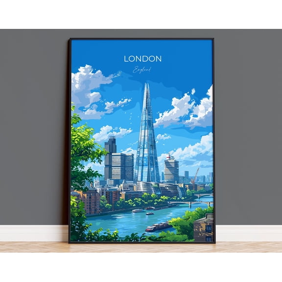 London Travel Poster Wall Art, Travel Print of London, London Art Lovers Gift, The Shard Art Gift, 16x24 UNFRAMED