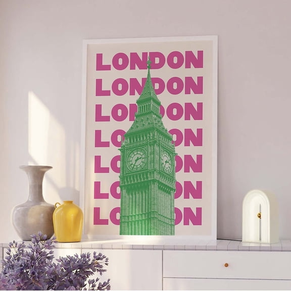 London Travel Print, Art, Pink Green London England Big Ben Travel Exhibition Print, Cute Trendy Wall Art Wall Art, Modern Wall Decor, 24x36 UNFRAMED