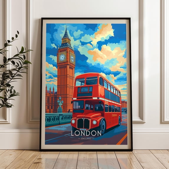 London Travel Print, Big Ben & Red Bus Illustration, Stretched Canvas 16x20in