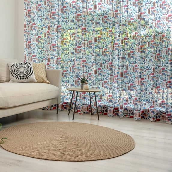 London Tulle Curtains with Rod Pocket, Pattern with London Queen Elizabeth Umbrella Tea Party Map Travel Theme, Sheer Drape for Wedding Party 2 Panels, 7 Sizes, Multicolor, by Ambesonne