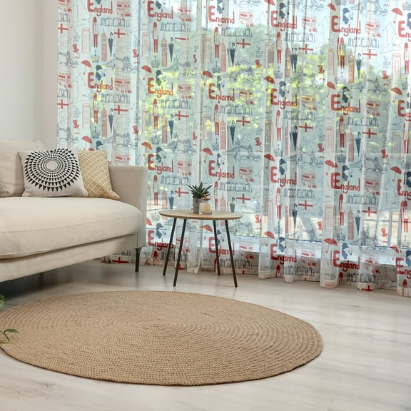 London Tulle Curtains with Rod Pocket, Sketch Art Country British Cultural Composition in Doodle Style, Sheer Drape for Wedding Party 2 Panels, 7 Sizes, Vermilion Dark Blue, by Ambesonne