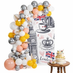 London UK Arch Backdrop Cover 5 Ft Coffee Retro Telephone Booth Flag Big Ben Spandex Fitted Stretchy Arch Cover, Round Top Chiara Backdrop Cover for Wedding Birthday Baby Shower
