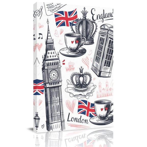 London UK Canvas Wall Art for Living Room, Coffee Retro Telephone Booth Flag Big Ben Wall Decor Framed Artwork Pictures Ready to Hang for Bedroom Office Home Decor