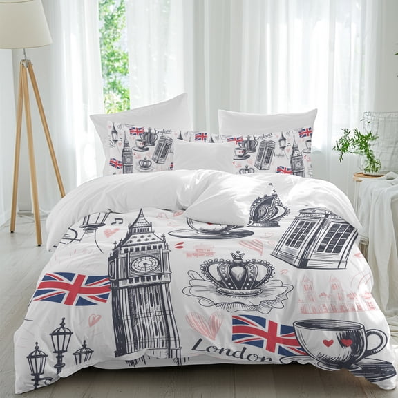 London UK Duvet Cover Set Queen Size, Coffee Retro Telephone Booth Flag Big Ben 4 Piece Soft Microfiber Bedding Set with Zipper Closure, 1 Comforter Cover, 1 Flat Sheet, 2 Pillowcases