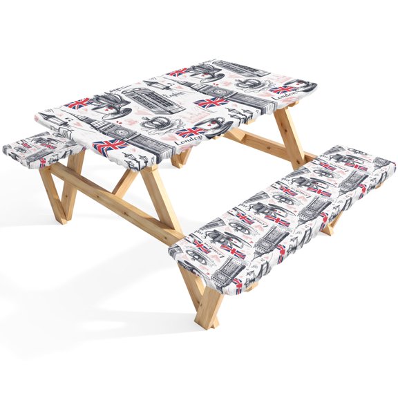 London UK Picnic Table Cover with Bench Covers Coffee Retro Telephone Booth Flag Big Ben Waterproof Fitted Picnic Tablecloth 3 Pieces Set Table Cloth for Outdoor Camping Garden BBQ