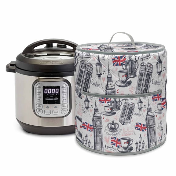 London UK Rice Cooker Cover 6 Quart Coffee Retro Telephone Booth Flag Big Ben Pressure Cooker Cover Appliance Protector Dust Case with Pocket and Handle for Kitchen
