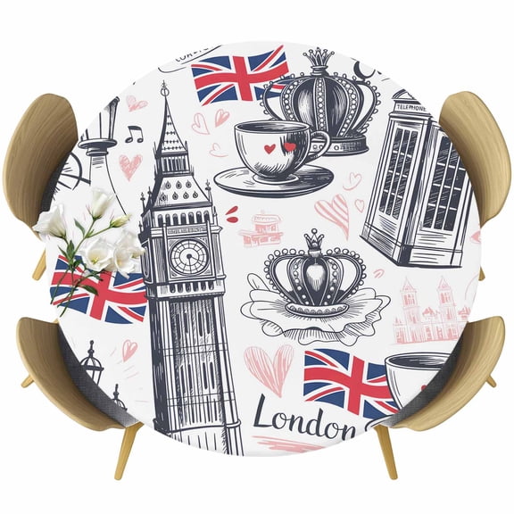 London UK Round Fitted Tablecloth with Elastic Edge, Coffee Retro Telephone Booth Flag Big Ben Stretch Table Covers for 36"-44" Tables Wipeable Table Cloth for Outdoor