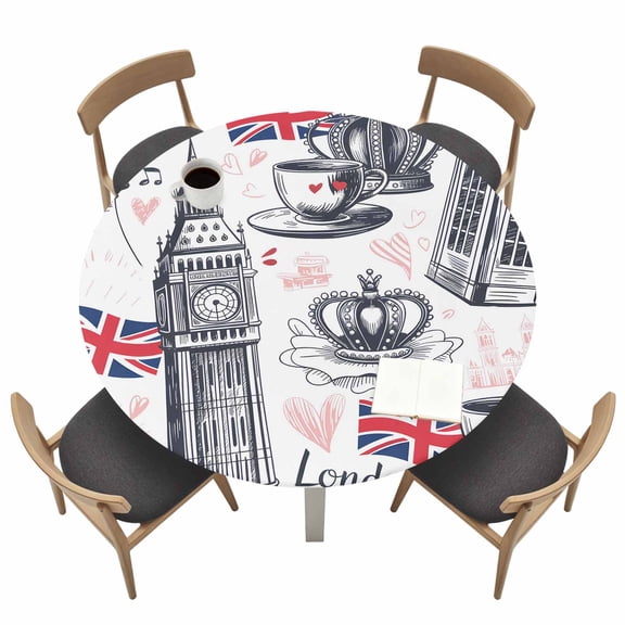 London UK Round Fitted Tablecloth with Elastic Edge Coffee Retro Telephone Booth Flag Big Ben Table Cover Fit for 36"-44" Tables Waterproof Tablecloths for Dinner Camping Picnic