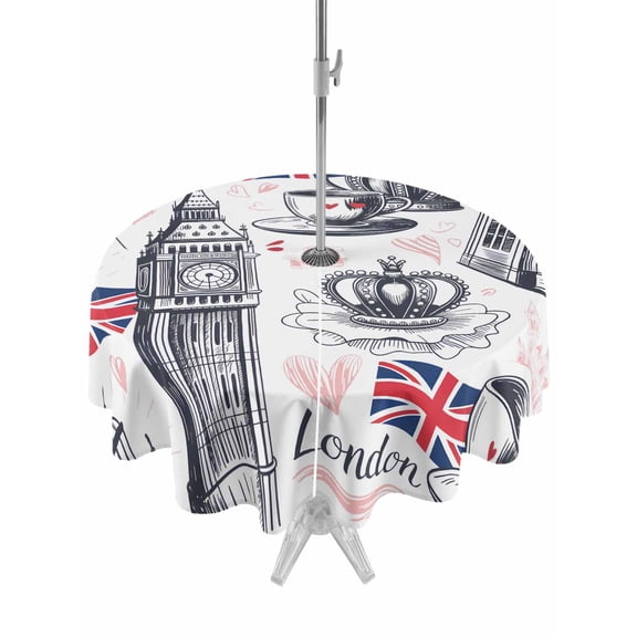 London UK Round Outdoor Tablecloth with Umbrella Hole Coffee Retro Telephone Booth Flag Big Ben 54 Inch Round Waterproof Table Cover Zippered Table Cloth for Garden Patio