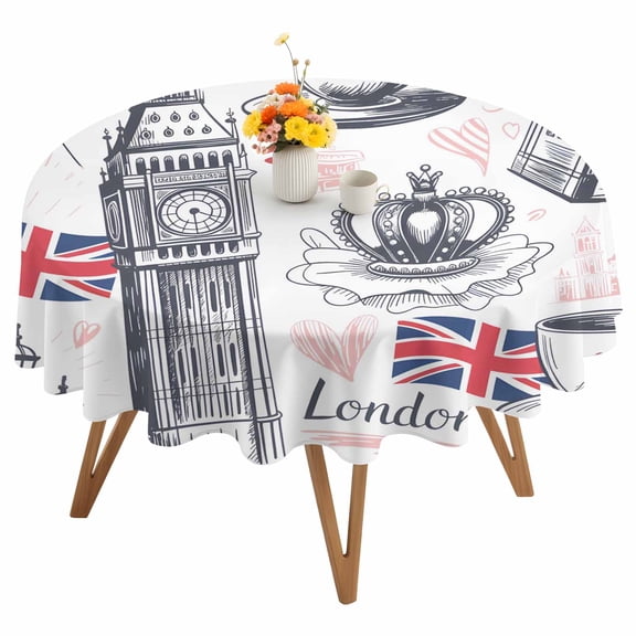 London UK Round Tablecloth 54 inches Coffee Retro Telephone Booth Flag Big Ben Waterproof Oil-Proof Table Cloth Round Table Cover for Holiday Party Picnic Dinner Decor Indoor and Outdoor Use
