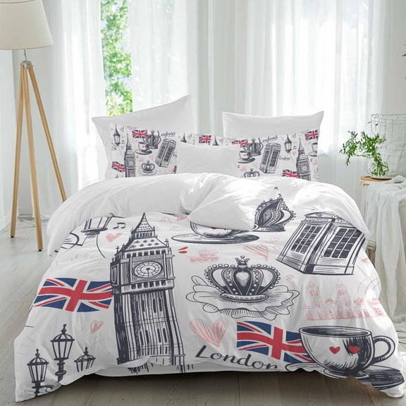 London UK Twin Size Comforter Set, Coffee Retro Telephone Booth Flag Big Ben Bedding for All Seasons, 4 Pcs Bed Set, 1 Quiltcover (68"x86") ,1Sheet(67"x116"), 2Pillowcases (30"x20")