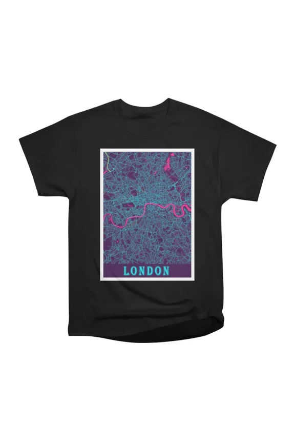 London United Kingdom Neon City Map T-Shirt Tee Gift For Him Merch For Her Apparel For Fri