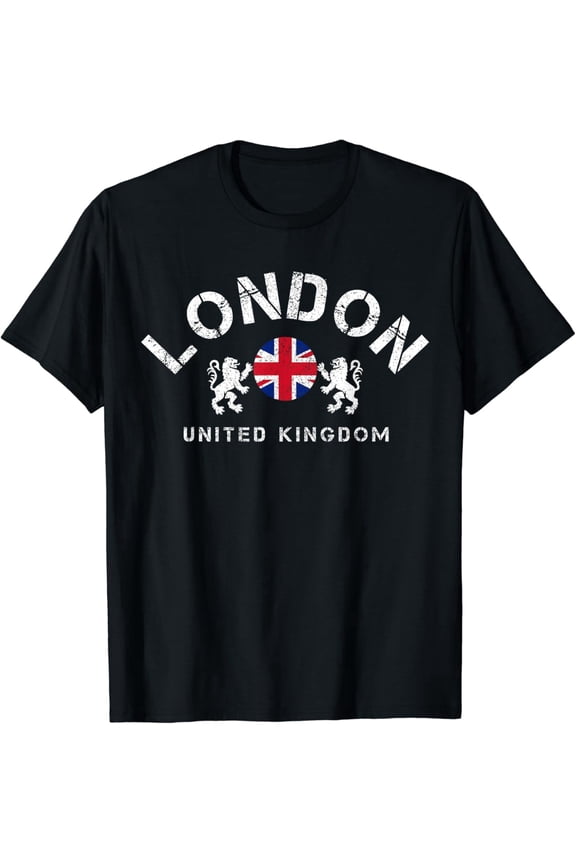 London United Kingdom T-Shirt Union Jack British Flag Lion Graphic Tee Retro Vintage Style Travel Souvenir Top for Men Women Adults