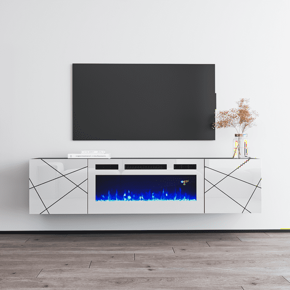 London WH-EF Fireplace TV Stand for TVs up to 70", Modern High Gloss 63" Entertainment Center, Electric Fireplace TV Media Console with Storage Cabinets