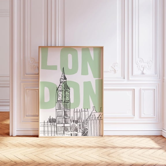 London Wall Art Preppy Dorm Decor Green City Sketch Trendy Travel Poster 24, Unframed Paper Poster 8x10in