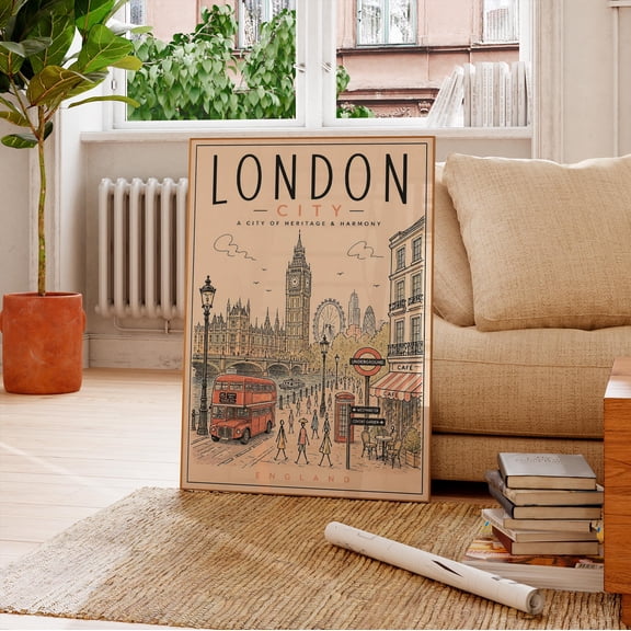 London Wall Art Print, Vintage London Travel Poster, Big Ben Westminster Art, Red Bus Cityscape, England Decor Gift, Poster Only