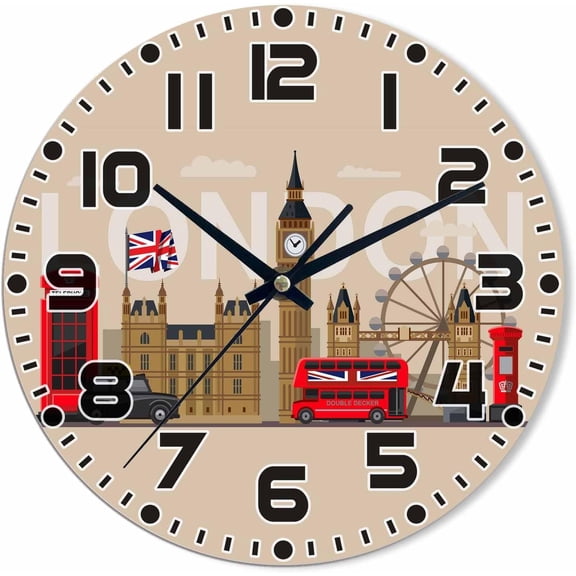 London Wall Clock Landmark City Bus Building Battery Powered Wall Clock Silent Non Ticking 12x12 inch for Living Room, Kitchen, Home,Bathroom, Bedroom