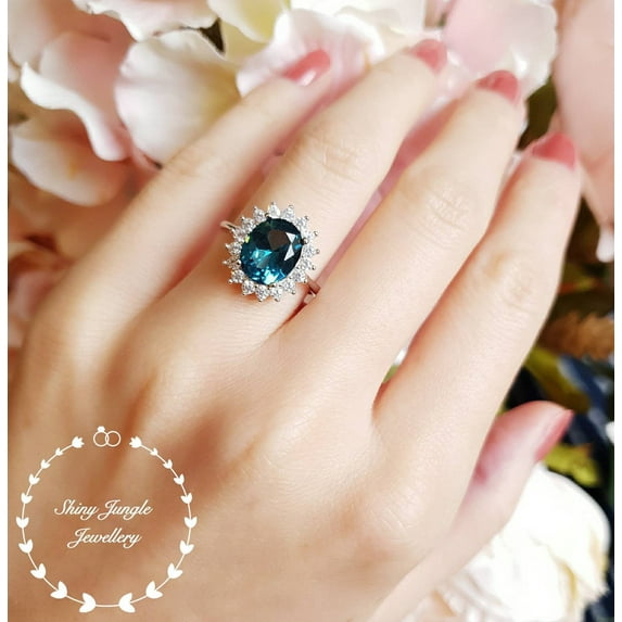 London blue topaz engagement ring, 3 carats oval cut blue topaz promise engagement ring