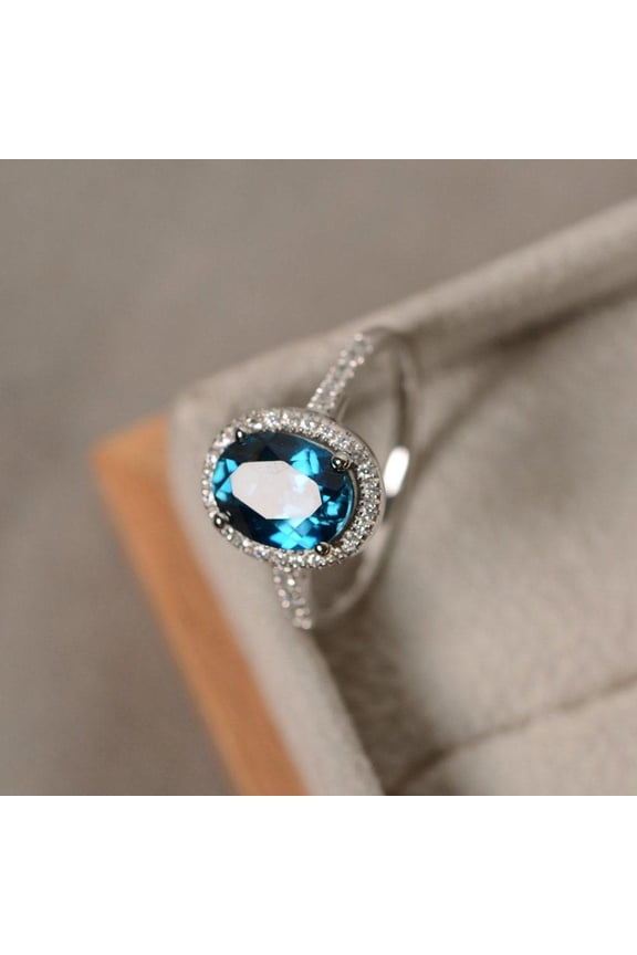 London blue topaz halo ring, oval blue gemstone, promise ring, 14k white gold, Handmade Gemstone Ring for Proposal