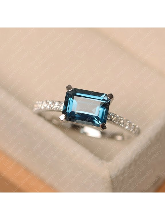 London blue topaz ring, emerald cut, blue stone, white gold Plated engagement ring