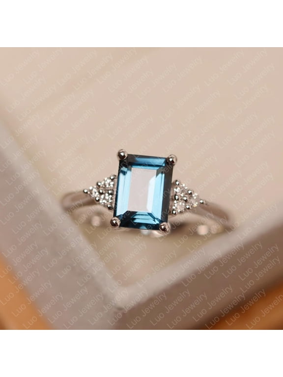 London blue topaz ring, emerald cut, white gold engagement ring