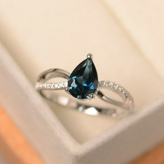 London blue topaz ring, engagement ring, pear cut blue gemstone, sterling silver ring for women