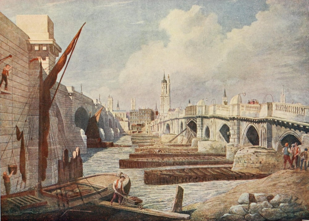 London in Bygone Days 1903 New & Old London Bridges Canvas Art - George B Moore (24 x 36)