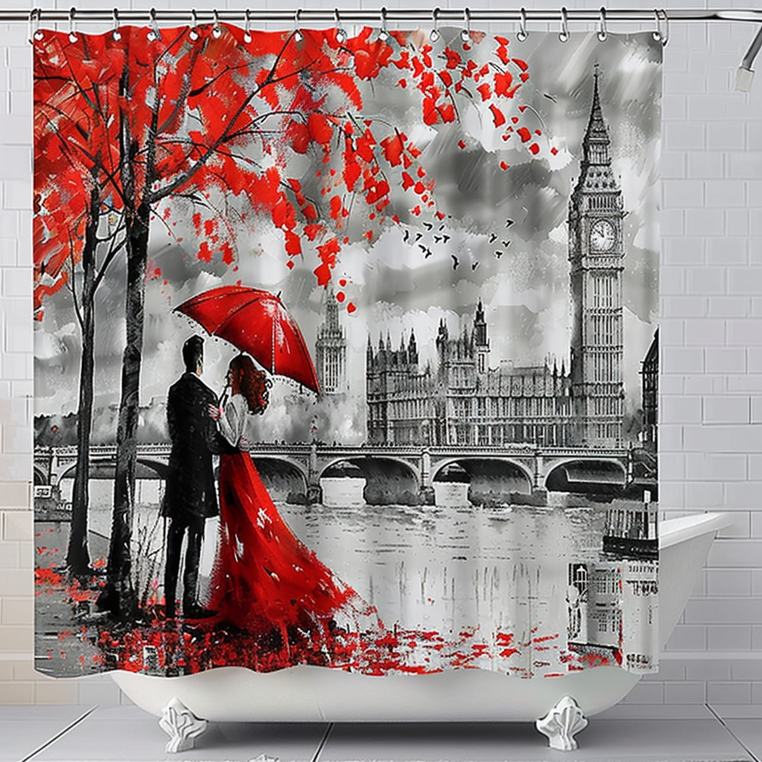 Londoninspired home decor bundle Red umbrella couple painting black