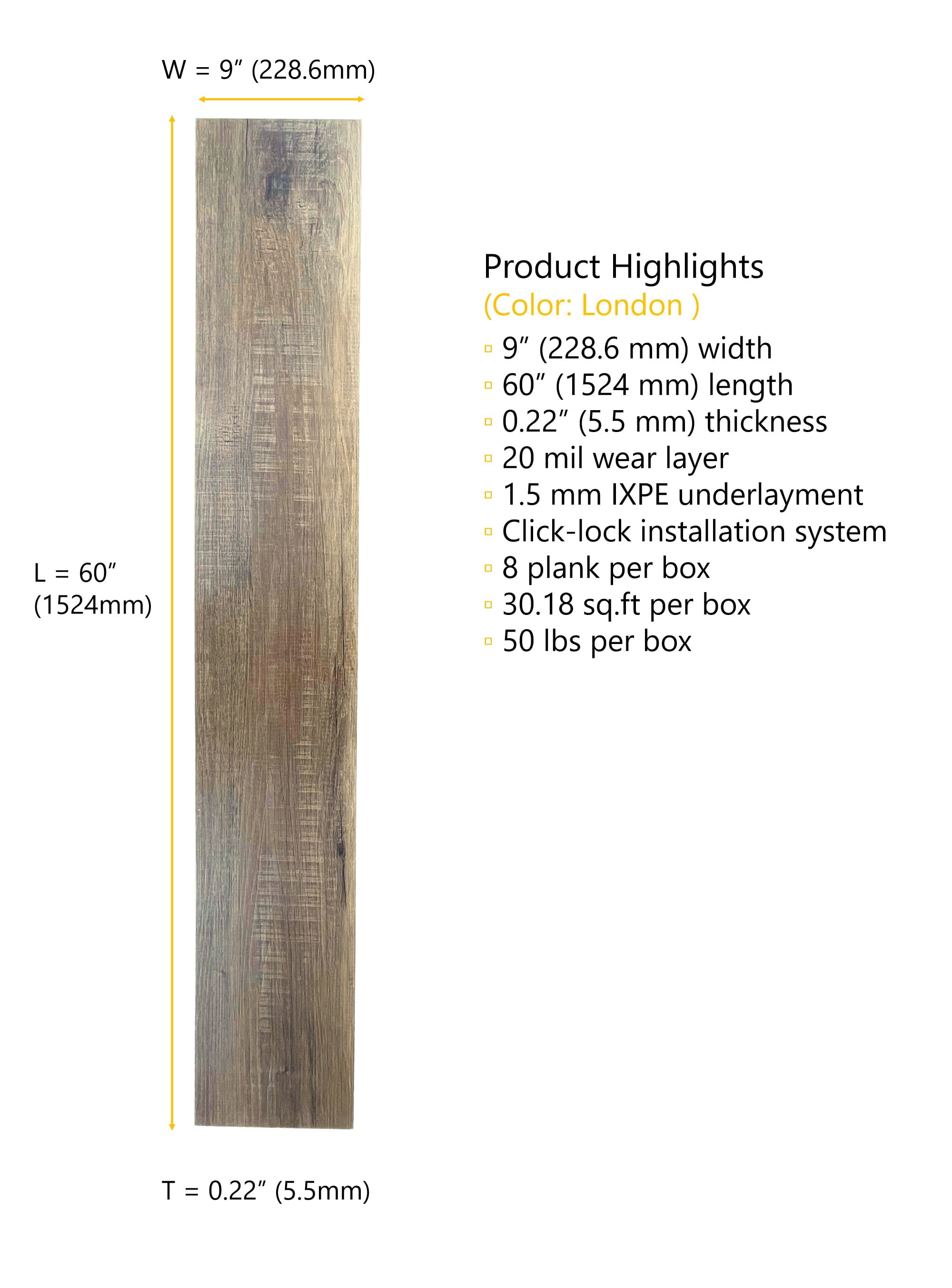 London (light gray-brown) 20 MIL Wear Layer 5.5mm Thick x 9 in. W x 60 in. L Click Lock Waterproof Luxury Vinyl Plank Flooring with IXPE (30.18 sqft/case)