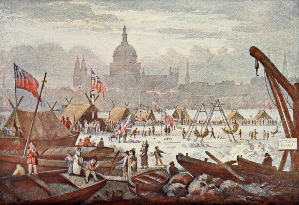 London on Thames in Bygone Days 1903 St Pauls Cathedral & Frost fair 1814 Canvas Art - Unknown (24 x 36)