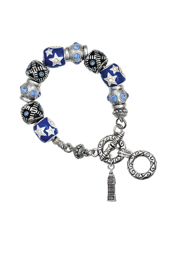 London's Big Ben Clock Tower Blue Moon Bead Charm Bracelet