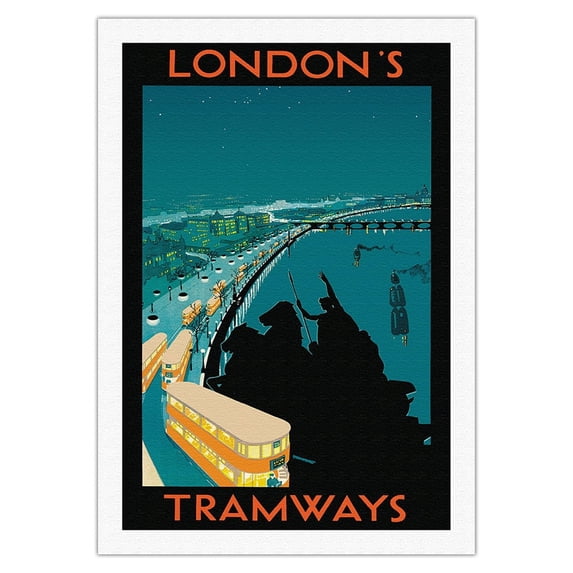 London’s Tramways - Boadicea and Her Daughters Statue - Vintage Railroad Travel Poster c.1929 - Fine Art Rolled Canvas Print 27in x 40in
