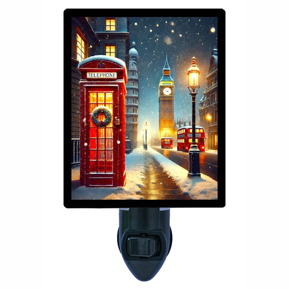 London's Winter Glow Night Light Red Telephone Booth, Big Ben and Snowy Street Scene, British Christmas Decor Accent Includes Free Switchable Insert