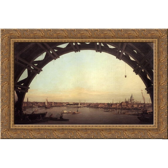 London seen through an arch of Westminster Bridge 24x16 Gold Ornate Wood Framed Canvas Art by Canaletto