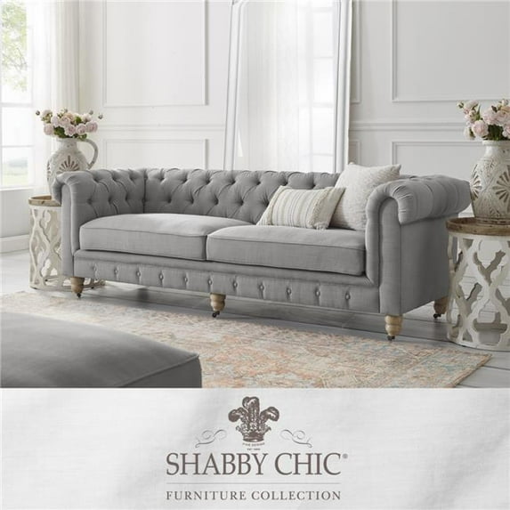 Londynn Sofa Light Grey Linen Button Tufted Rolled Arm Sinuous Springs