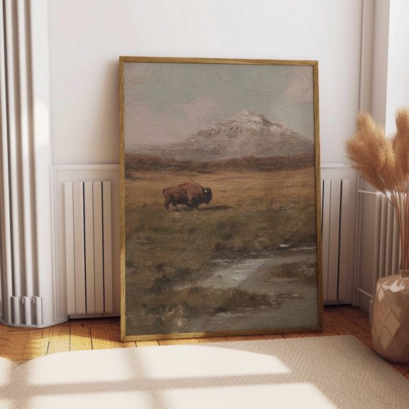 Lone Bison in a Field Vintage Print Rustic Antique Buffalo Rocky Mountain Unframed Paper Print