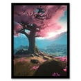 thumbnail image 1 of Lone Cherry Blossom Tree Blooming Painting Pink Blue Green Sunrise over Tranquil Forest Mountain Landscape Artwork Framed Wall Art Print A4, 1 of 3