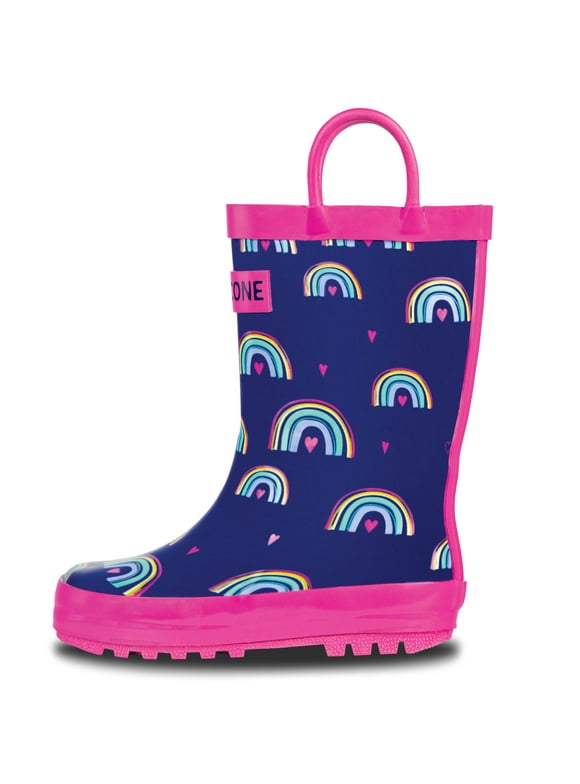Lone Cone Rain Boot with Easy-on Handle for Toddlers and Kids, Heart and Rainbows, Medium, Toddler 4
