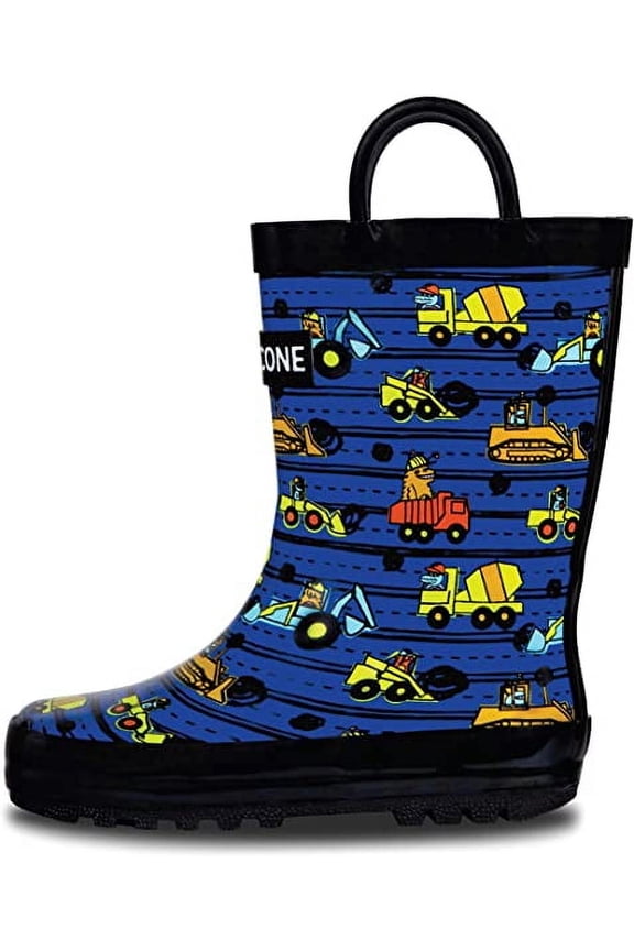 Lone Cone Rain Boots with Easy-On Handles in Fun Patterns for Toddlers and Kids, Construction Monsters, 12 Little Kid