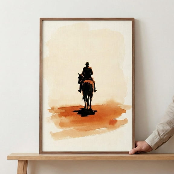 Lone Cowboy Minimalist Wall Art Western Desert Sunset Decor Rustic Horse Rider Print Silhouette Unframed Paper Print
