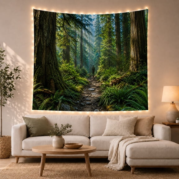 Lone Figure on a Rocky Path in a Misty Old-Growth Forest, Mystical Boho for Nature Lovers, Tranquil Wilderness Wall Art, Housewarming Gift, Tapestry Wall Hanging for Bedroom and Living Room
