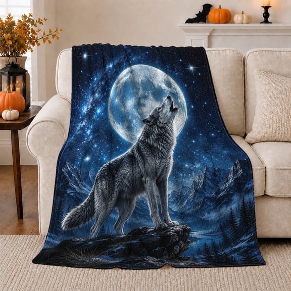 Lone Howling Wolf Beneath A Full Moon, Cozy Flannel Blanket with Dramatic Wildlife Realism Print, Housewarming Gift for Wolf Wildlife Enthusiasts, Home Decor for Bedroom and Living Room