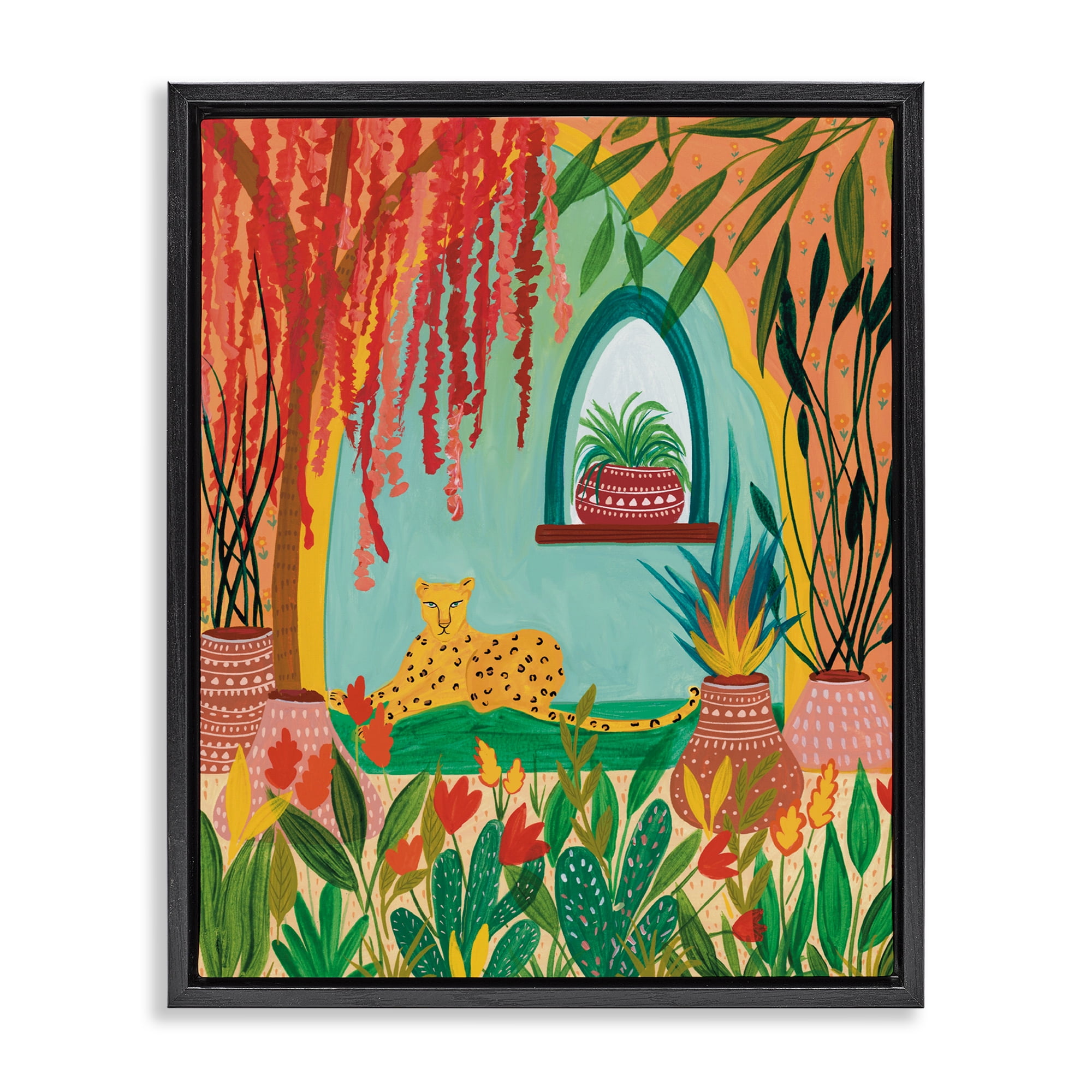 Lone Leopard Among Botanicals Black Framed Floater Canvas Wall Art, design by Nabeela Rumi