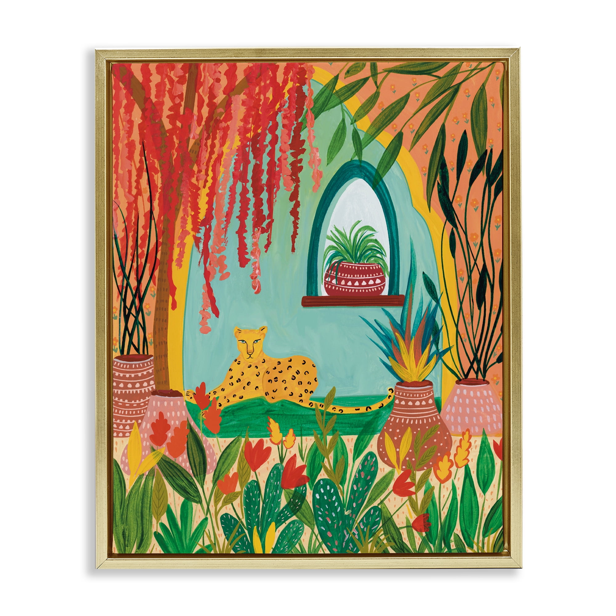 Lone Leopard Among Botanicals Gold Framed Floater Canvas Wall Art, design by Nabeela Rumi