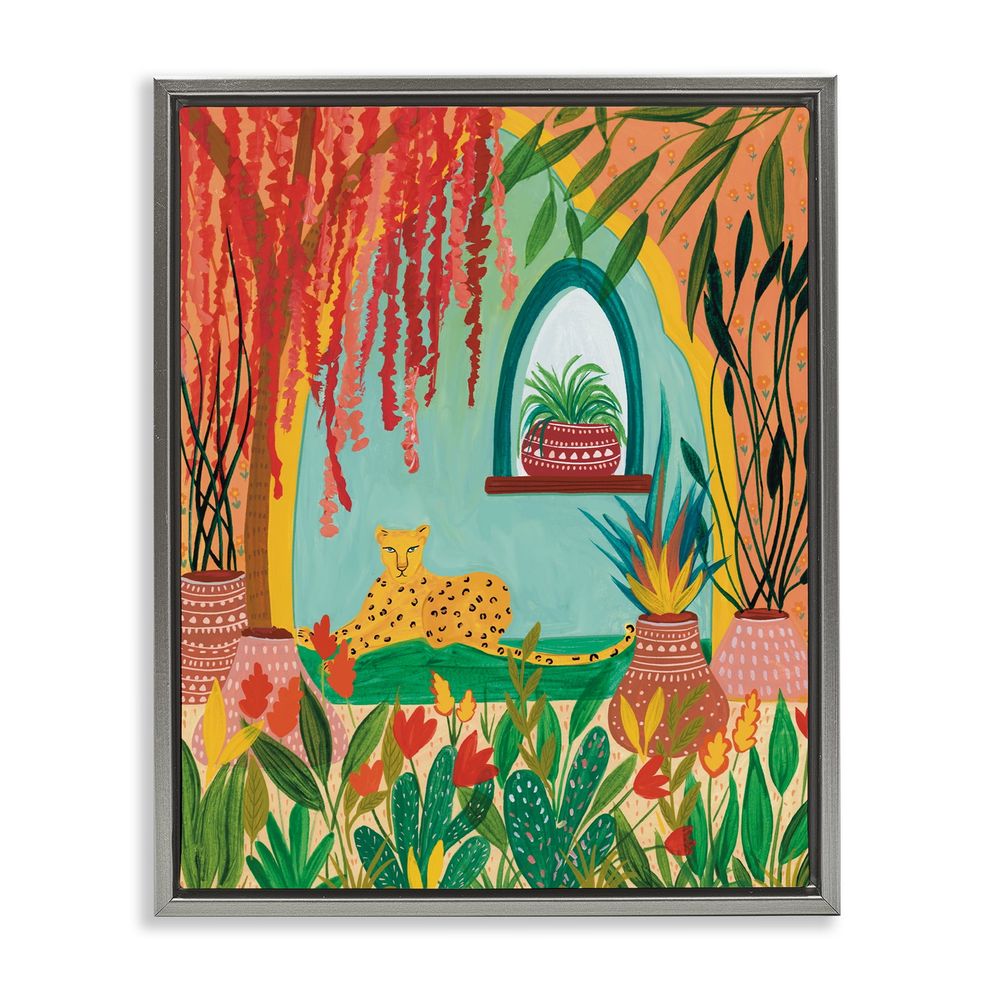 Lone Leopard Among Botanicals Gray Framed Floater Canvas Wall Art, design by Nabeela Rumi